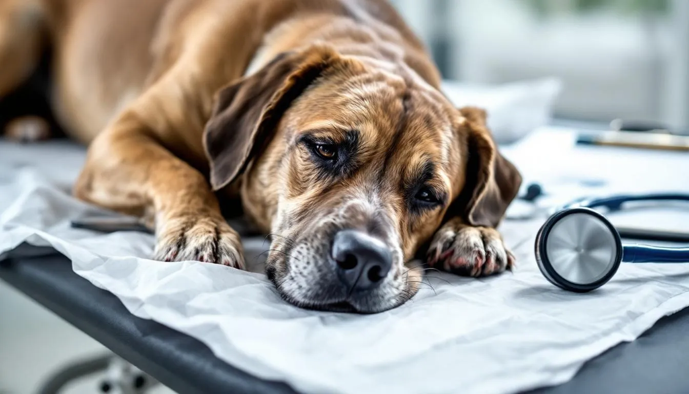 A lethargic dog with nasal discharge lies on a veterinary examination table, displaying clinical signs of a respiratory illness, possibly canine influenza virus. This highly contagious respiratory disease can lead to severe illness in infected dogs, making veterinary care essential for diagnosis and treatment.
