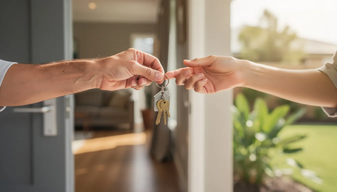 An image shows a pair of hands exchanging keys at the doorway of a single-family home, symbolizing the successful closing process of a VA loan in Connecticut. This moment captures the excitement of moving into a new primary residence, highlighting the benefits of personalized service for service members and their families during the home buying process.