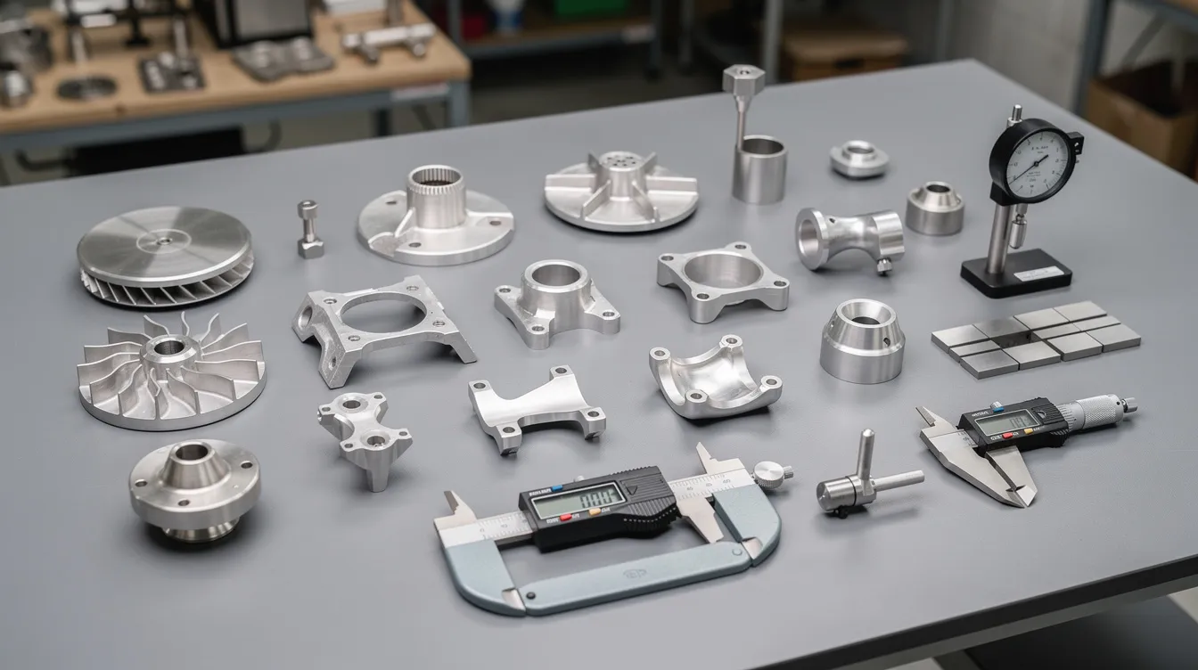 The image shows a collection of finished CNC machined aerospace and medical components neatly arranged on an inspection surface, accompanied by various measuring instruments. This setup highlights the precision manufacturing process involved in producing high-quality CNC machined parts, essential for industries such as aerospace and medical devices.