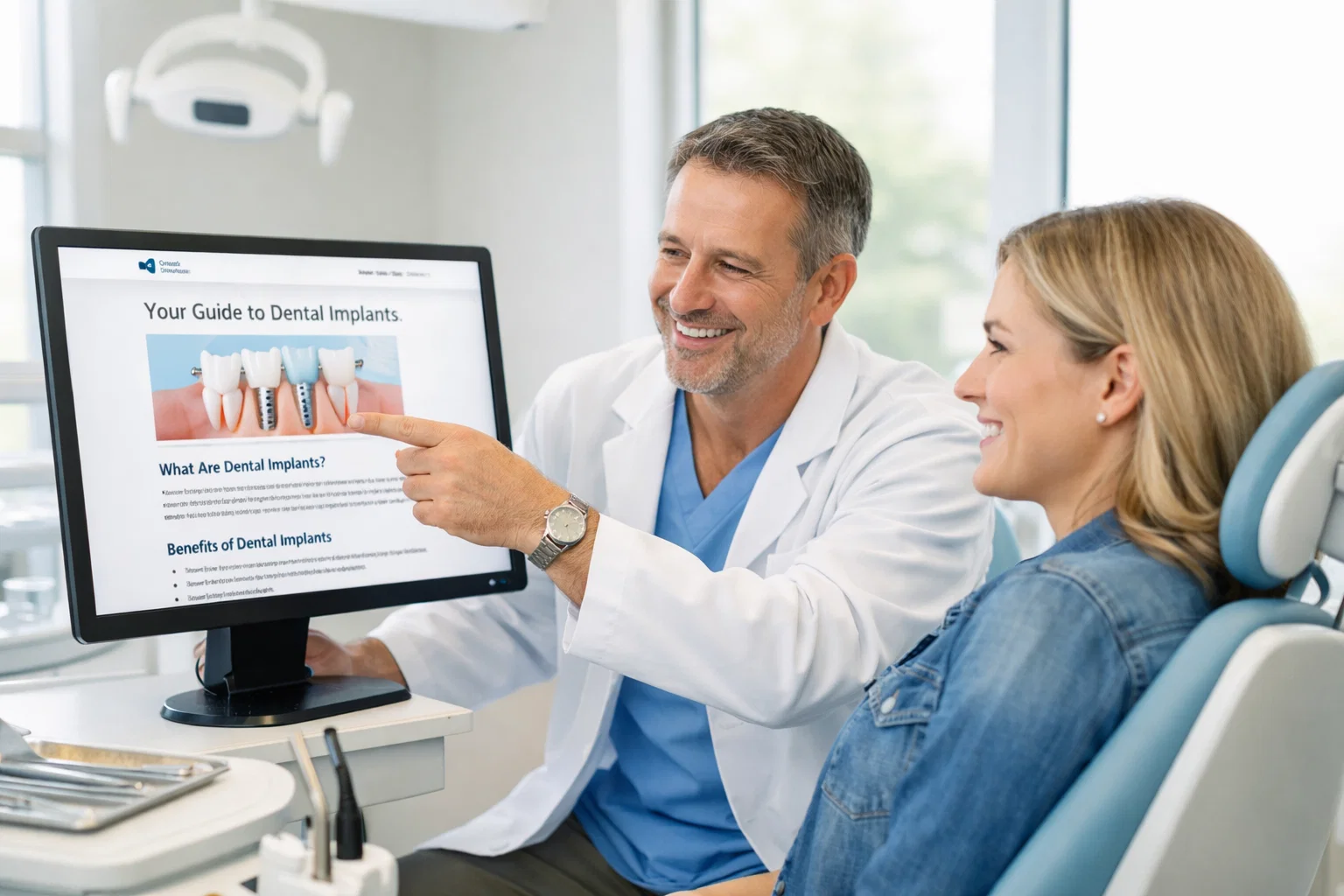 Dentist showing a patient an article about treatments on the clinic’s website, demonstrating how content builds trust and confidence before booking.
