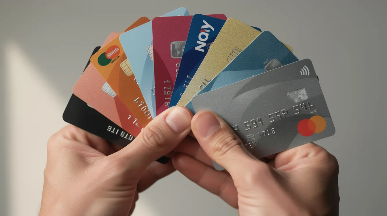 The image shows a pair of hands holding several credit cards fanned out, symbolizing various loyalty programs and rewards points opportunities. These cards represent options for earning rewards, exclusive discounts, and personalized benefits through customer loyalty programs.