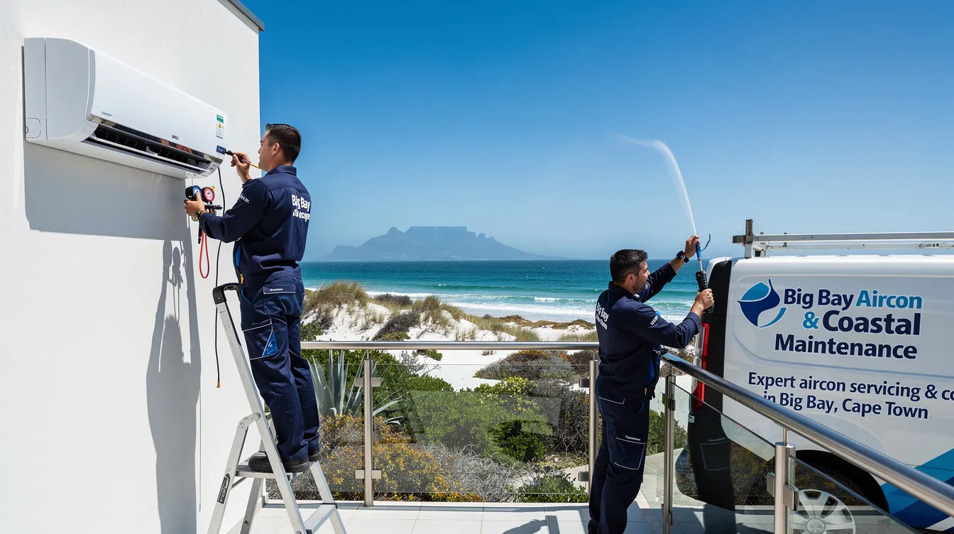 The image depicts expert technicians performing air conditioning services on a vehicle's aircon system in Big Bay, Cape Town, ensuring optimal performance by checking components and repairing any leaks. The scene highlights the importance of regular aircon regas and maintenance to keep the system efficient and provide cold air during the summer months.