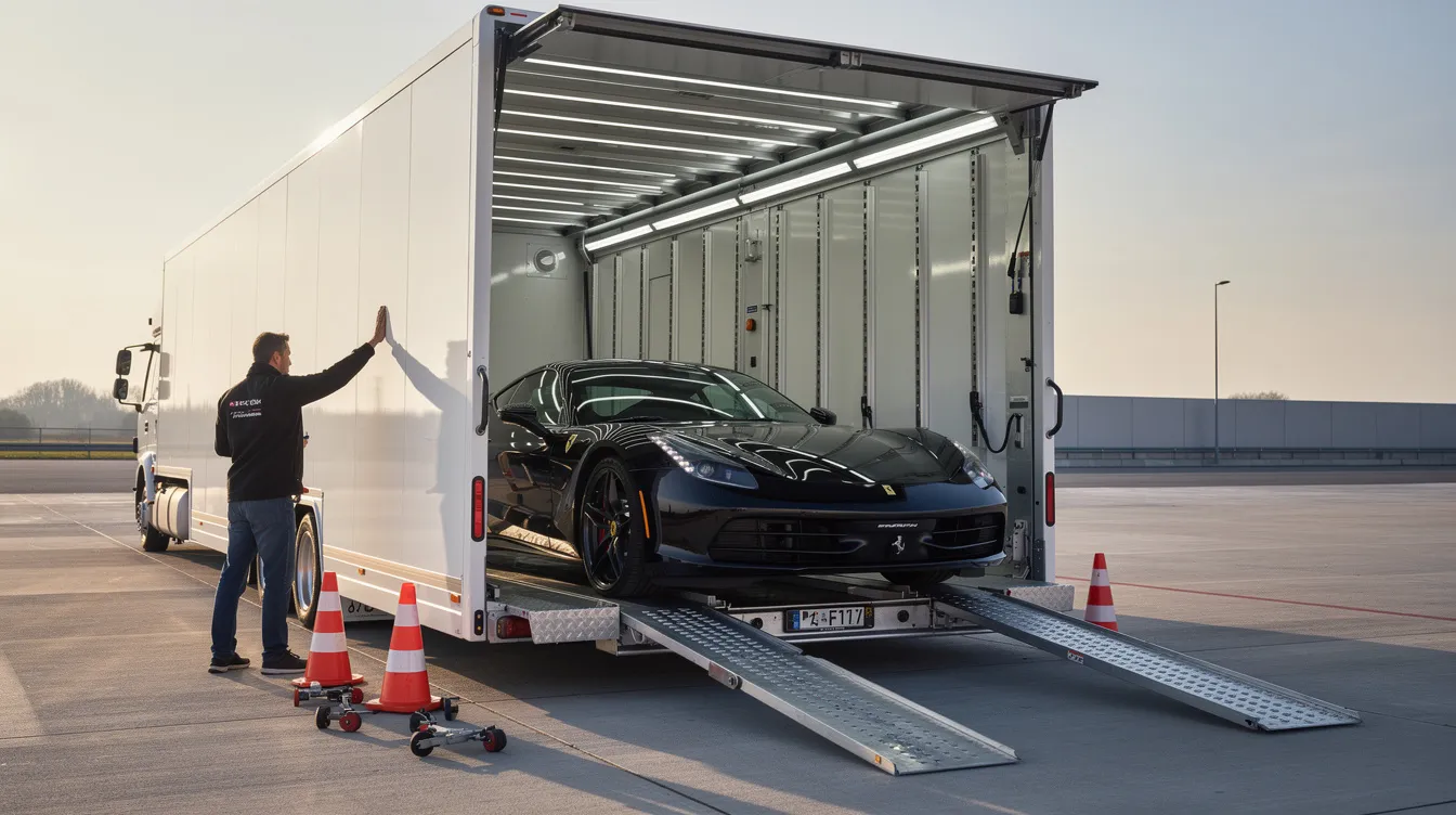 An enclosed car carrier trailer is shown with a luxury vehicle being carefully loaded inside, providing extra protection during transport. This scene highlights the auto transport process, emphasizing the importance of secure vehicle transport for car shipping services in Georgia.
