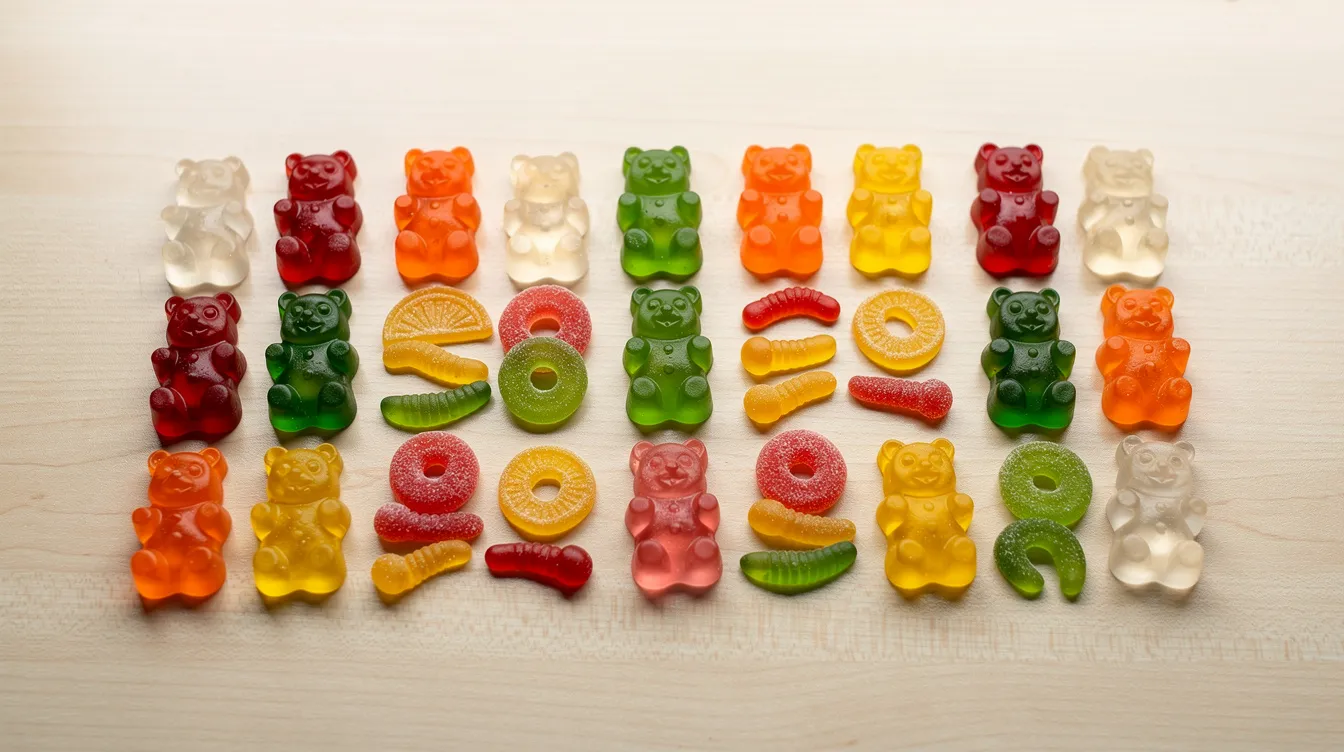 The image features an assortment of colorful gummy candies, neatly arranged on a light wooden table, showcasing vibrant hues that entice the viewer. These candies, often enjoyed as a sweet treat, are reminiscent of various hemp-derived products, including those related to cannabis sativa, which are legal in Delaware under specific regulations.