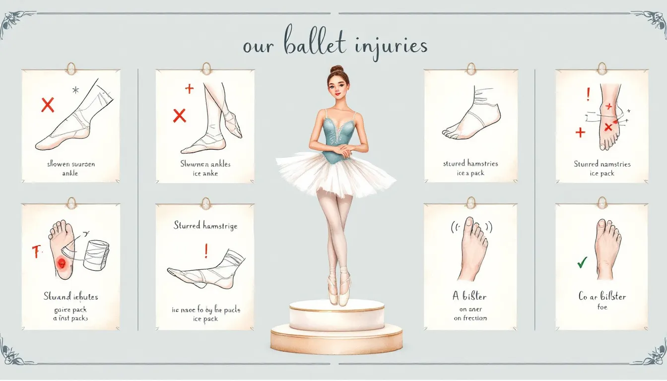 An illustration of common ballet injuries and their first aid.