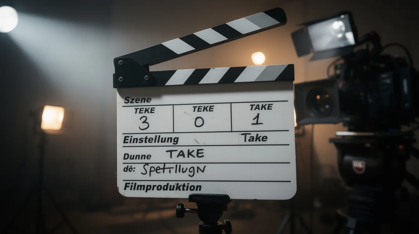 Auf dem Bild ist eine Filmklappe auf einem Filmset zu sehen, umgeben von dramatischer Beleuchtung und Kameraequipment im Hintergrund. Diese Szene verkörpert die kreative Atmosphäre der Filmproduktion und die Kunst des Storytellings, die für Markenkommunikation und Branded Content entscheidend ist.