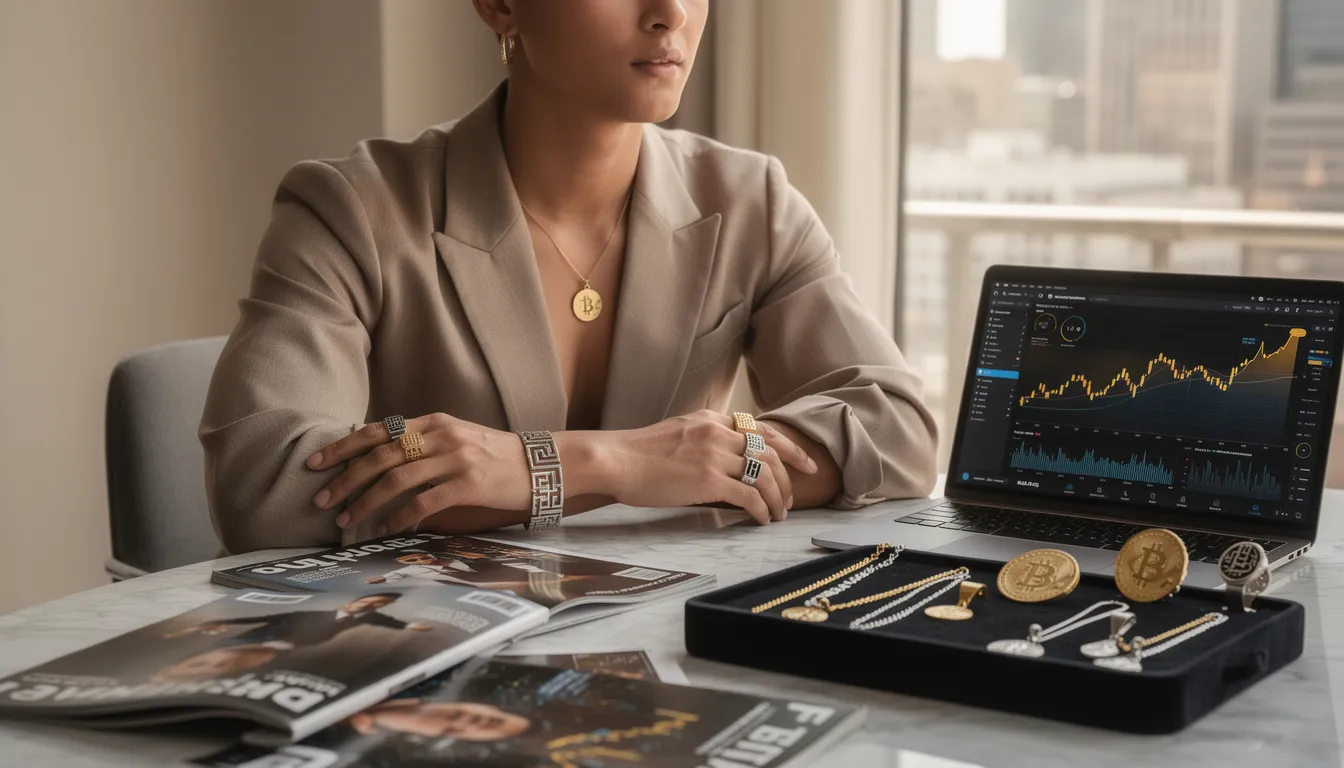 The image showcases a stunning collection of bitcoin-themed jewelry, including intricately crafted pieces like pendants and rings, perfect for gifting or personal purchase. This trend highlights the intersection of cryptocurrency and fashion, inviting enthusiasts to share their passion through stylish accessories.