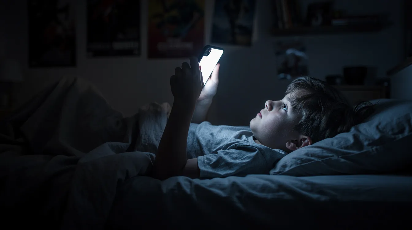 A teenager lies in bed at night, illuminated only by the bright screen of their smartphone, surrounded by darkness, which may contribute to their feelings of extreme fatigue and sleep disorders. This scene highlights the struggle many adolescents face with sleep patterns and the need for enough quality sleep to maintain their mental health and energy levels.
