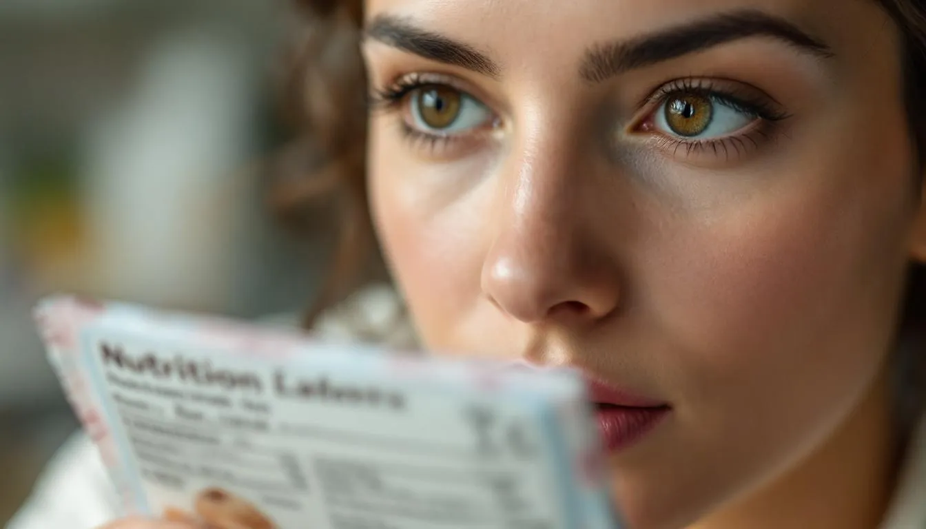 A close-up view of a person's hands holding an ice cream bar package, focusing on the nutrition label that details the low calorie ice cream's ingredients and serving size. The label highlights features like "half the fat" and "less sugar," showcasing a delicious frozen treat option.