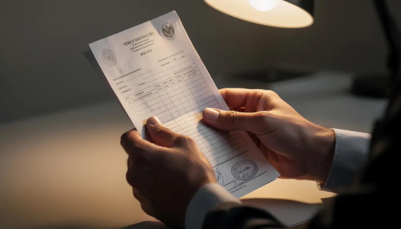 A close-up view captures hands carefully examining official documentation papers under the warm glow of a desk lamp, highlighting the importance of transparency and authenticity in nmn products. The scene emphasizes the scrutiny needed to distinguish between genuine nmn and potentially adulterated products.