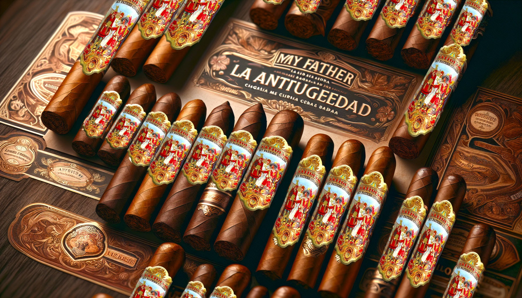 An illustration showing different types of My Father La Antiguedad cigars with accompanying tasting notes.