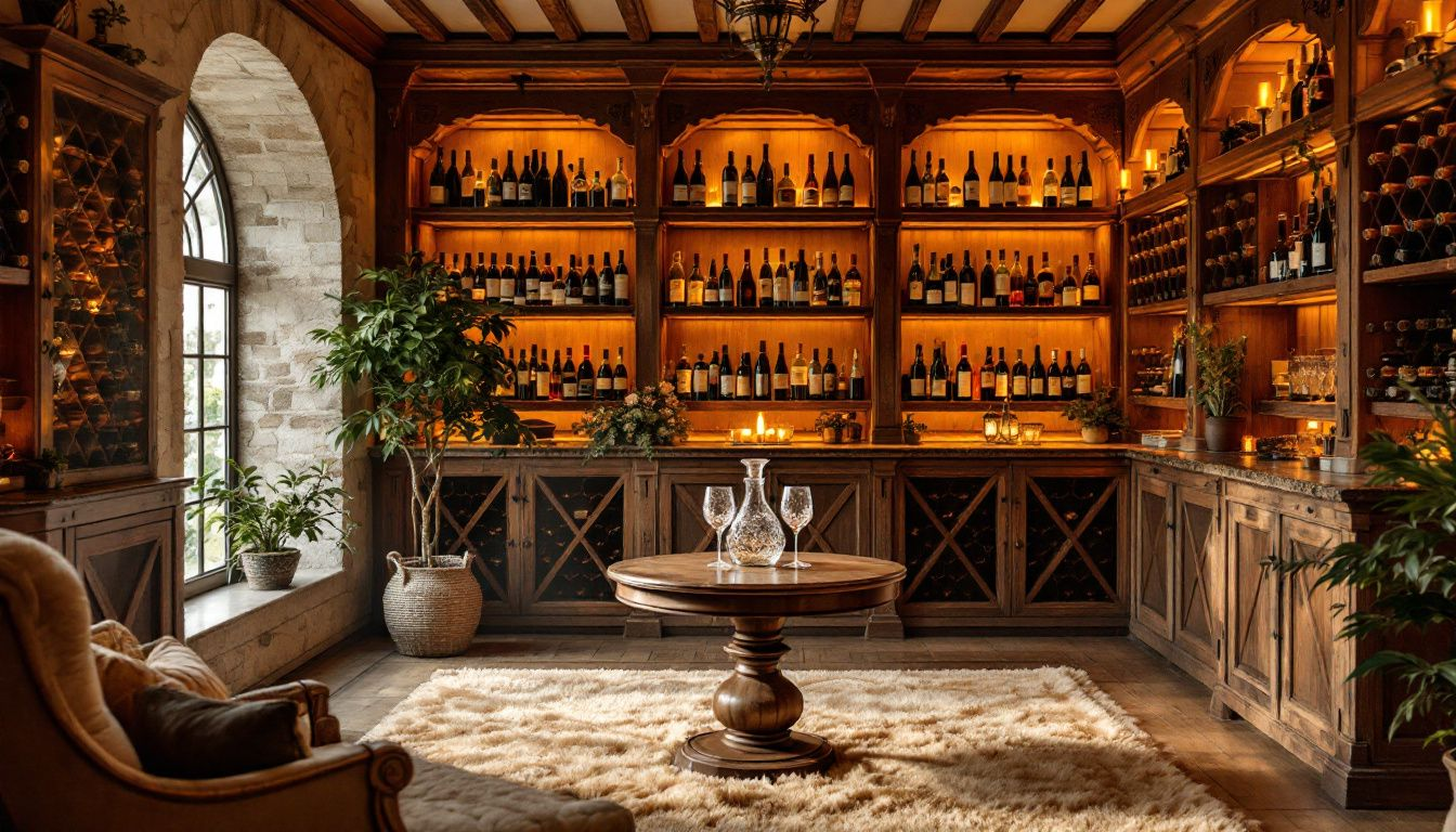 A beautifully designed wine cellar room showcasing modern wine racks and a well-organized wine collection.