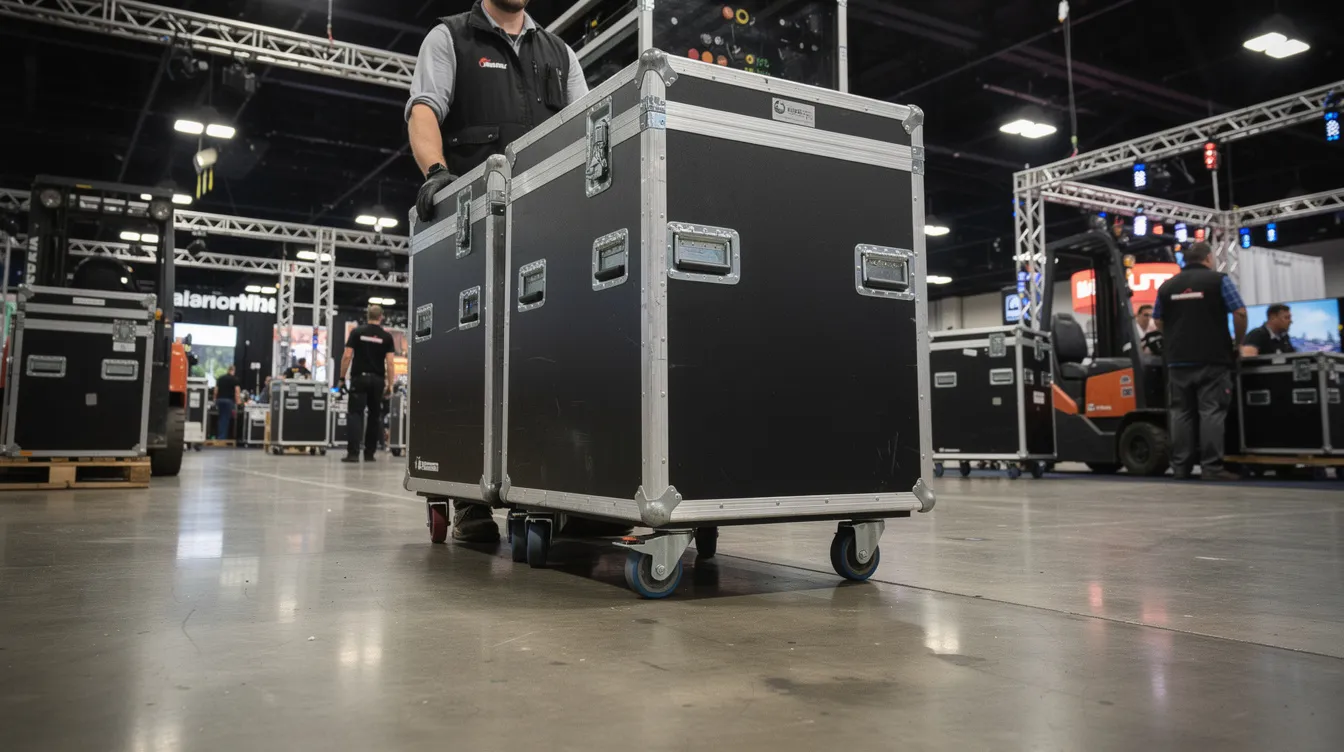 A bustling convention hall floor features large equipment road cases being wheeled across, while forklifts and booth structures populate the background, showcasing the dynamic environment of trade shows and advanced AV production setups. The scene highlights the importance of smooth operation and audience engagement in creating lasting impressions at events like those held in the Las Vegas Convention Center.