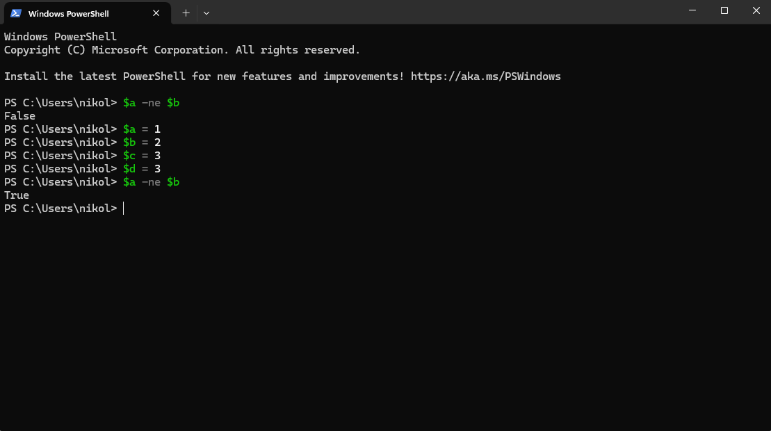 A PowerShell Command Prompt showing statement comparison.