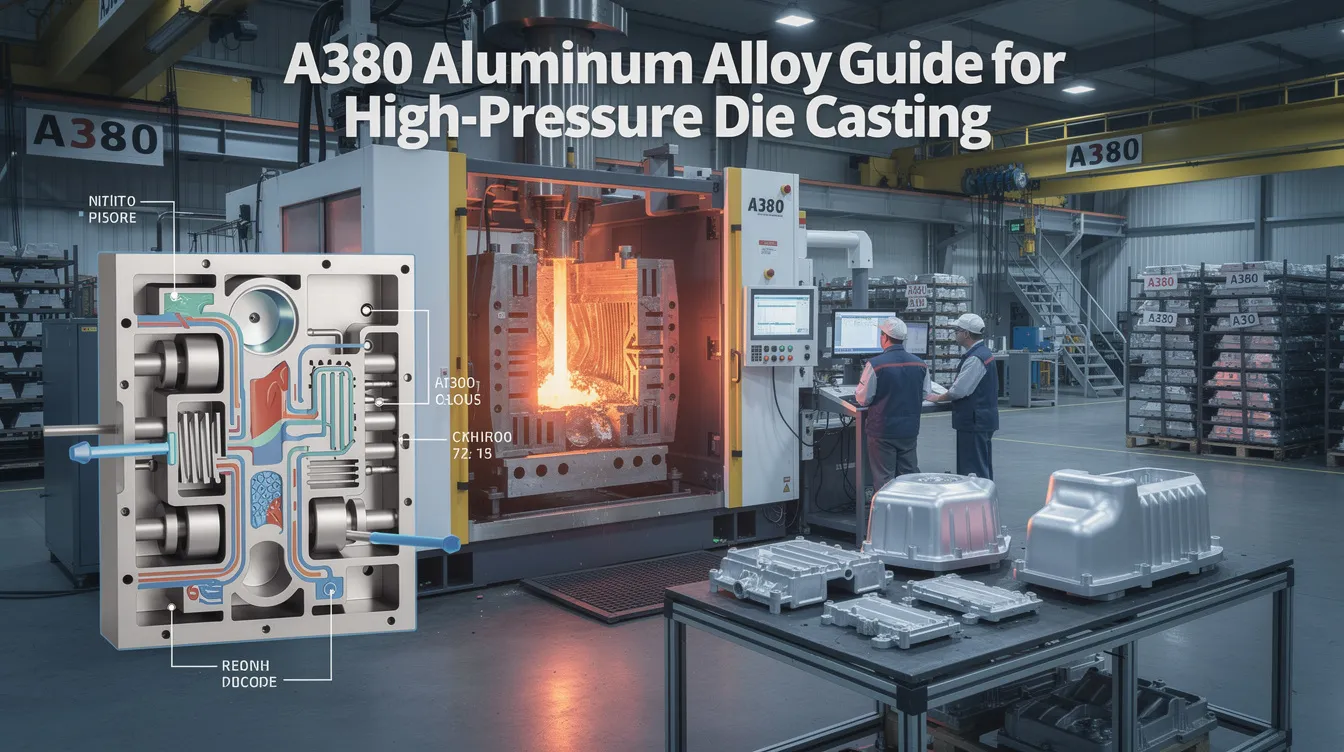 The image depicts an informative guide on A380 aluminum alloy, highlighting its key features such as excellent fluidity, high strength, and enhanced corrosion resistance, making it ideal for high-pressure die casting applications in industries like automotive. The guide also emphasizes the alloy's mechanical properties, including tensile strength and durability, suitable for complex geometries and high-performance components.