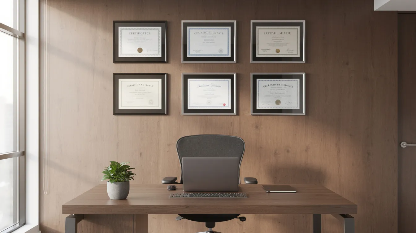 The image depicts a professional home office setting featuring a desk with framed certificates, including a high school diploma and a university diploma, displayed prominently on a wooden wall. This organized workspace suggests a focus on professional development and education, ideal for individuals considering purchasing diplomas or transcripts online.