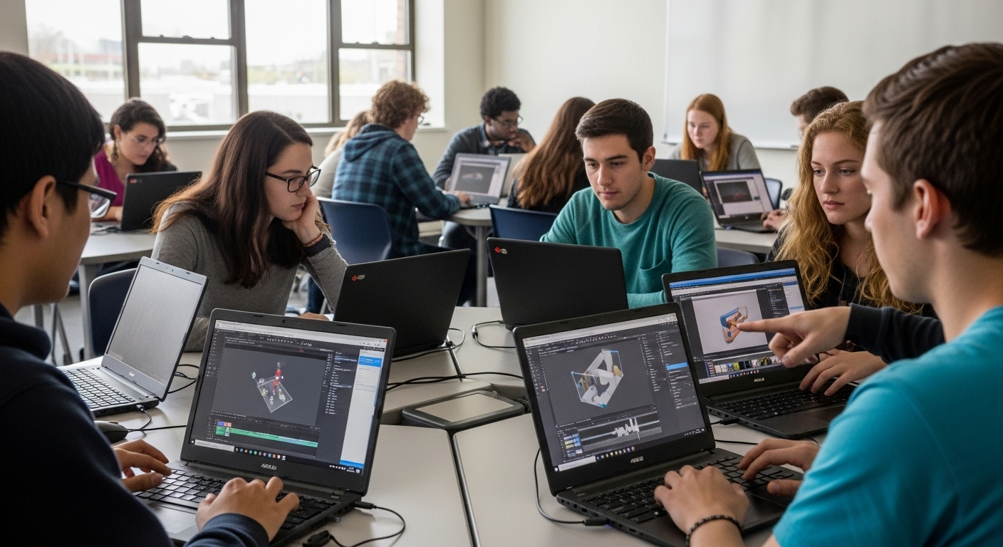 Students using low-end laptops seamlessly running high-performance software through cloud-based virtual desktops in a classroom.
