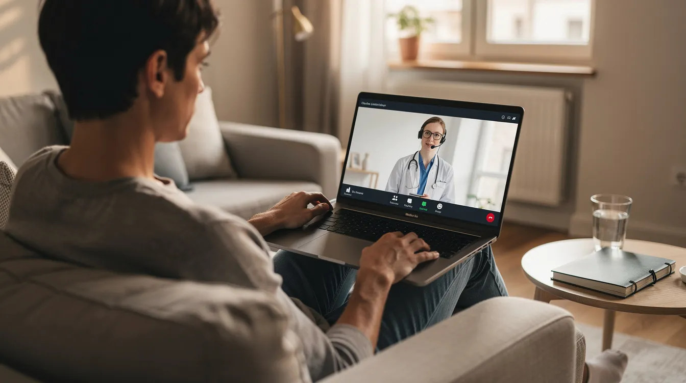 A person sits comfortably at home, using a laptop for a private telehealth visit with a mental health professional. The scene conveys a sense of support and accessibility to mental health services, highlighting the importance of seeking help for mental health conditions.