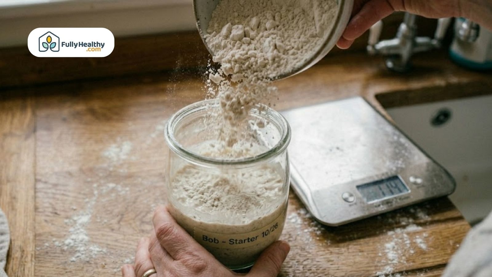 Adding flour to sourdough starter in a jar beside a digital scale.