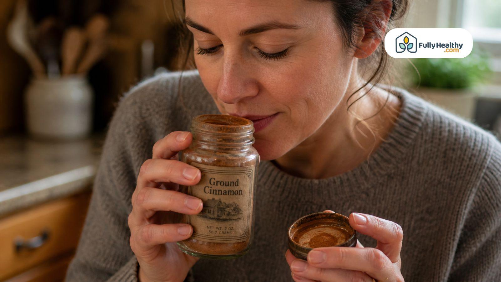 Woman smelling ground cinnamon from jar checking freshness in kitchen