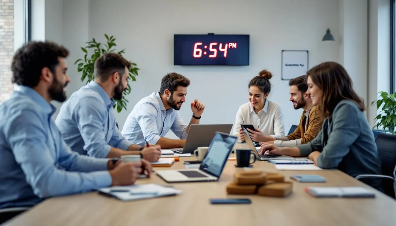Teamarbeit außerhalb der regulären Arbeitszeit mit Überstundenzuschlag. Die Mitglieder besprechen Aufgaben und die Anordnung von Überstunden, während sie die Wichtigkeit von Überstundenzuschlägen und deren Anspruch im Arbeitsvertrag betonen.