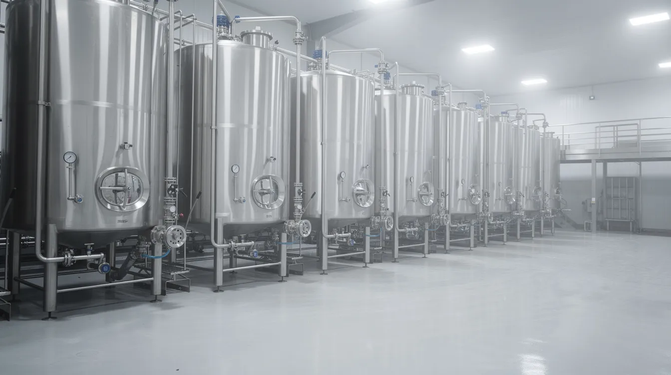 8c2e5843 133f 45ed a10c b4ae00c0052c The image depicts industrial stainless steel milk processing tanks inside a modern dairy processing plant, showcasing advanced machinery used for handling raw milk. These tanks are essential for the manufacturing process of various dairy products, ensuring quality control and adherence to industry standards.