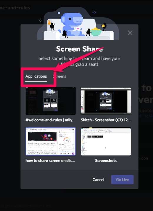 Screenshot showing the Applications tab option on Discord