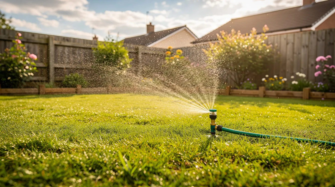 A vibrant UK garden lawn in summer is being nourished by a sprinkler, ensuring the grass remains lush and healthy despite the warm weather. This summer lawn treatment helps combat dry spells and encourages stronger root growth, making it perfect for family games and outdoor activities.