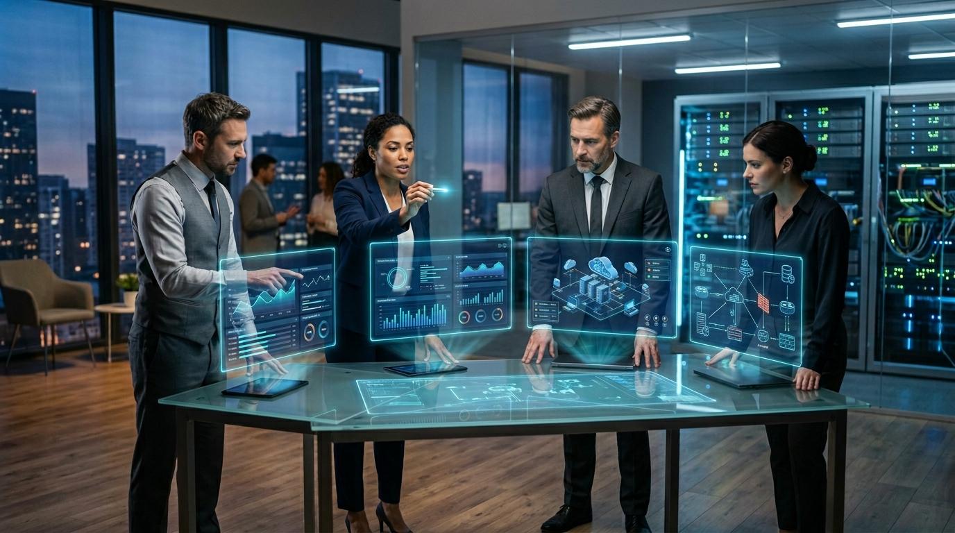 Business team evaluating multiple cloud learning platforms on holographic screens with virtual labs, analytics dashboards, and cloud infrastructure in the background, modern corporate.