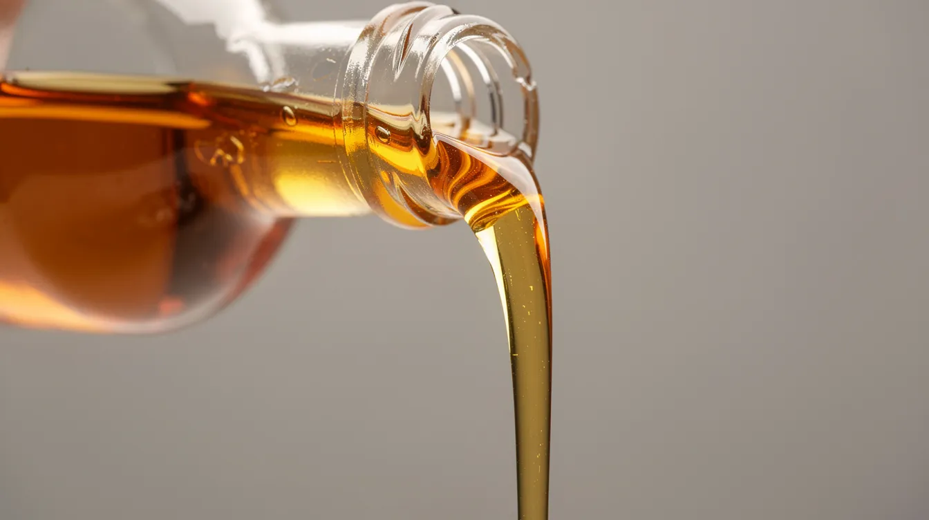 A close-up image shows amber-colored batana oil being poured from a small glass bottle, highlighting its thick texture. This natural oil is known for promoting healthy hair growth and nourishing hair strands, making it beneficial for those with dry or damaged hair.
