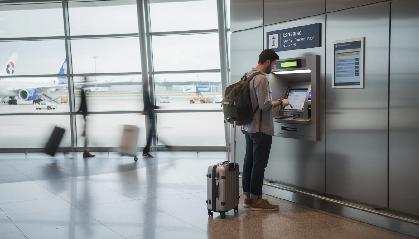 A traveler is using an ATM machine at an airport terminal to access banking services, possibly to withdraw cash or check their revolut balance for currency exchange. The scene reflects the convenience of managing personal finance while on the go, highlighting the importance of secure payment services for international travel.