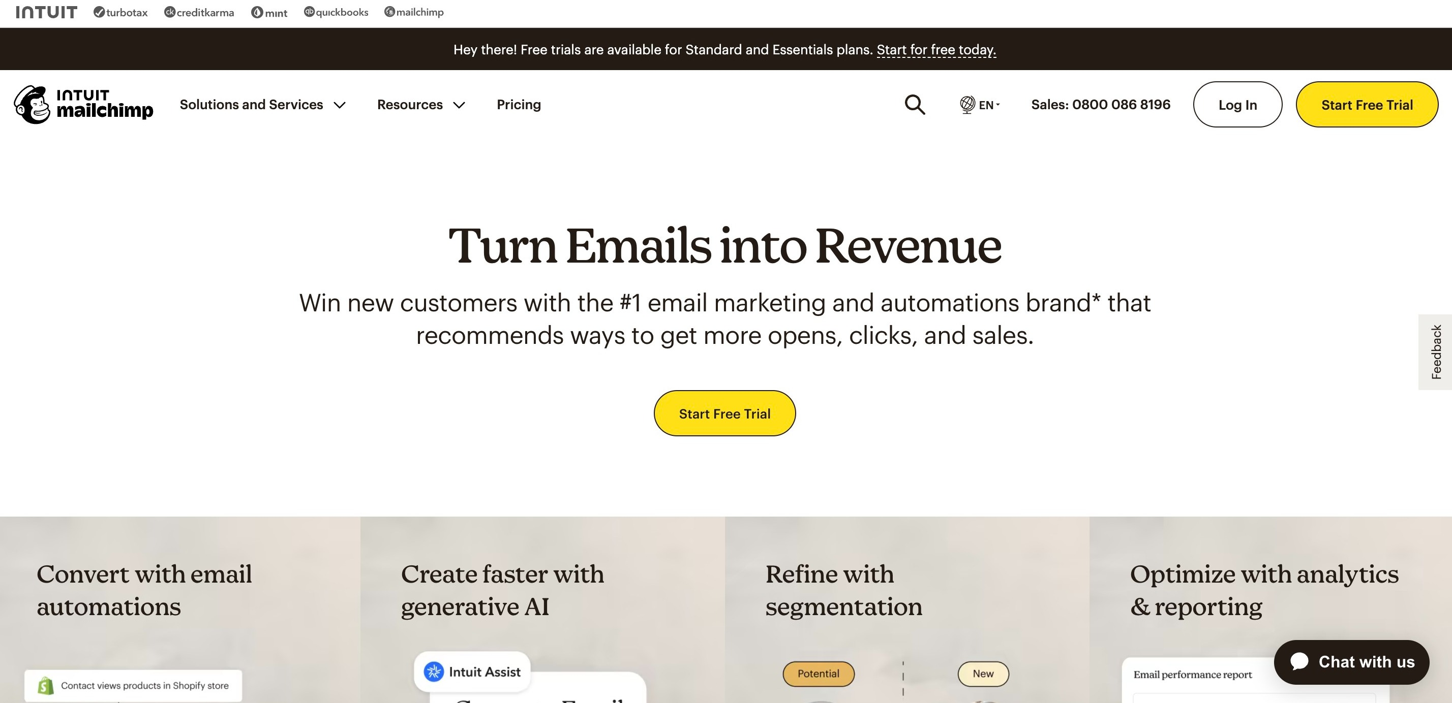 Screenshot of Mailchimp's homepage for a comparison of Mailchimp vs Constant Contact