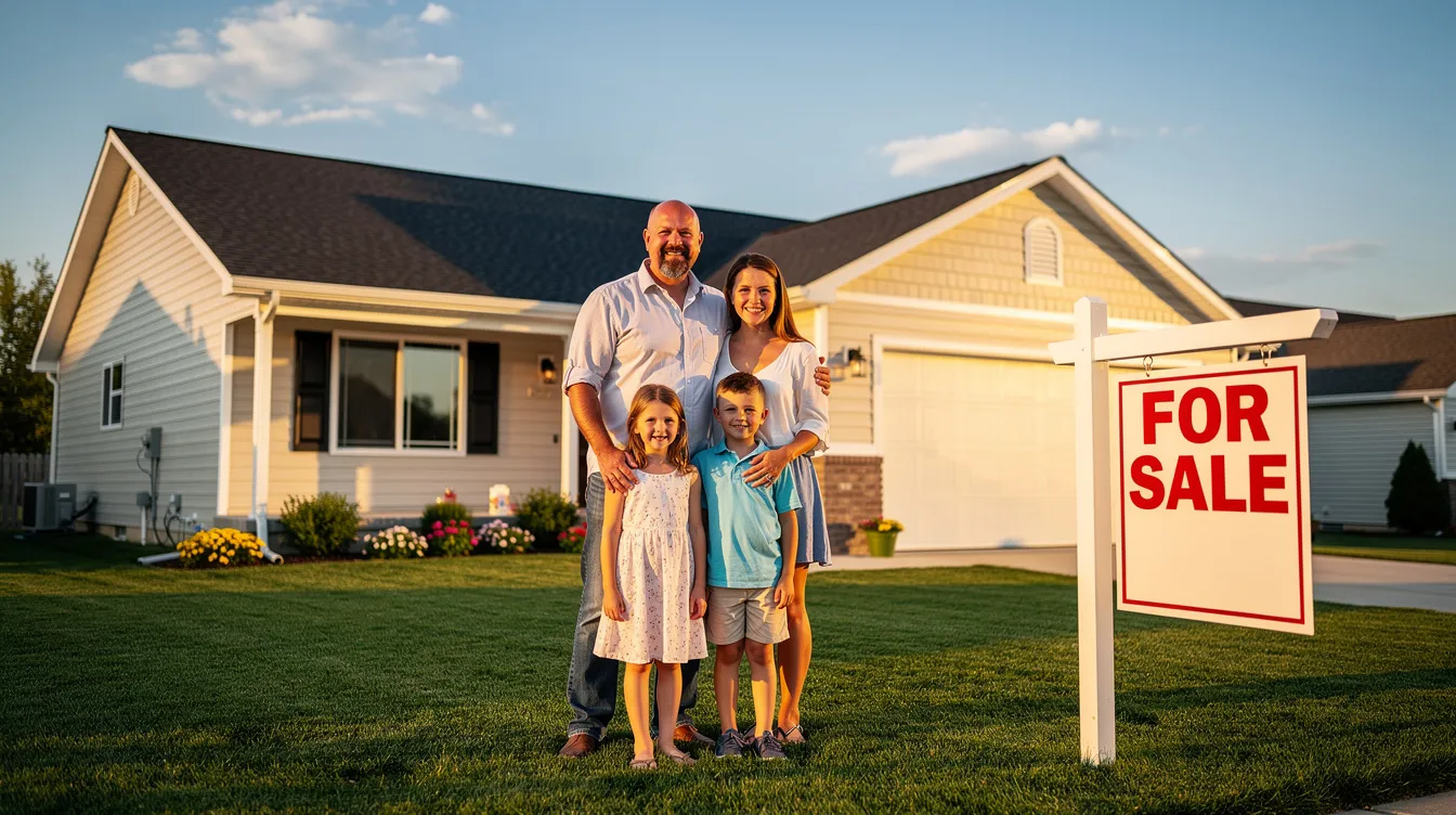 A family stands together in front of a house displaying a "For Sale" sign, symbolizing their decision to sell the property, possibly to avoid foreclosure or manage their mortgage payments. This scene reflects the challenges homeowners face during difficult financial times and the importance of seeking assistance from housing counselors or mortgage servicers.