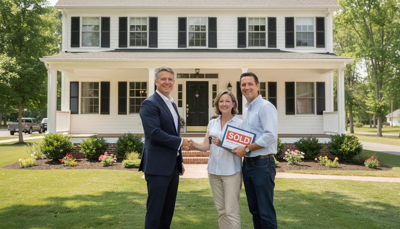 A professional real estate agent is shaking hands with delighted homeowners outside a charming Connecticut colonial home, symbolizing a successful home sale in a competitive market. The scene reflects strong buyer demand and the positive experience of navigating the housing market with an experienced agent.