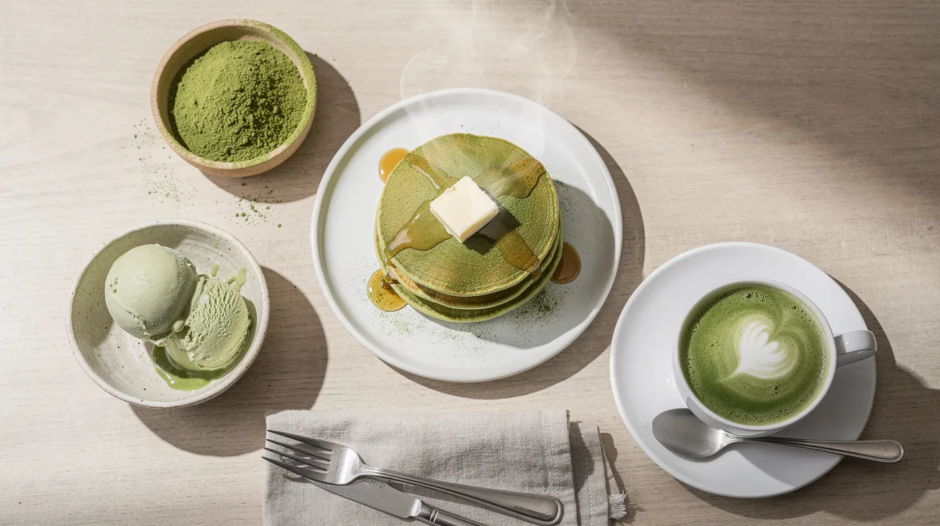 Różne zastosowania matchy w kuchni: pancakes, napój, lody i zielona sól z matchą