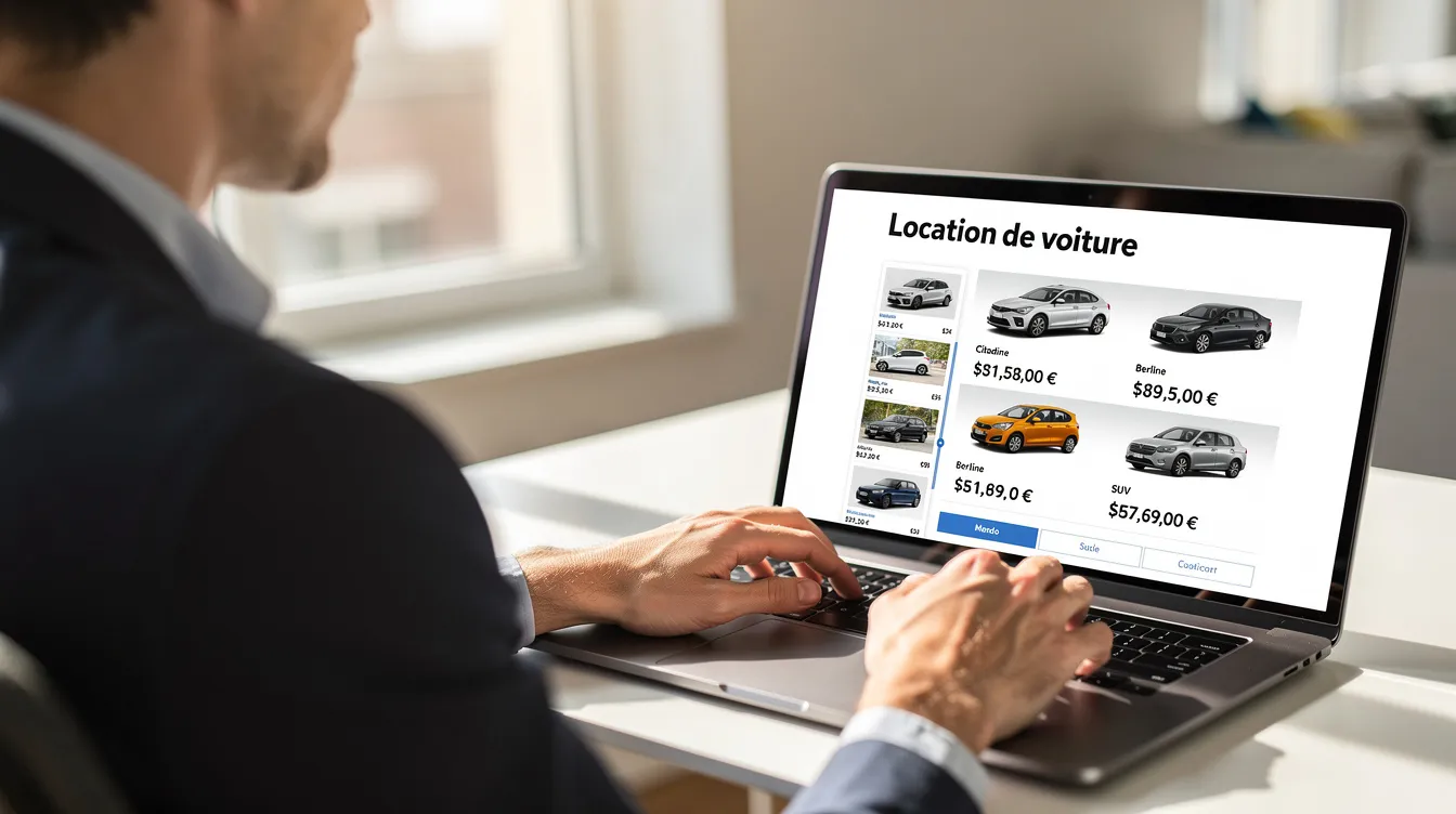 Une personne est assise devant un ordinateur portable, en train de réserver une voiture, tandis que l'écran affiche une liste de véhicules disponibles pour la location. Cette scène illustre l'utilisation d'un logiciel de gestion pour faciliter la réservation et la location de voitures.