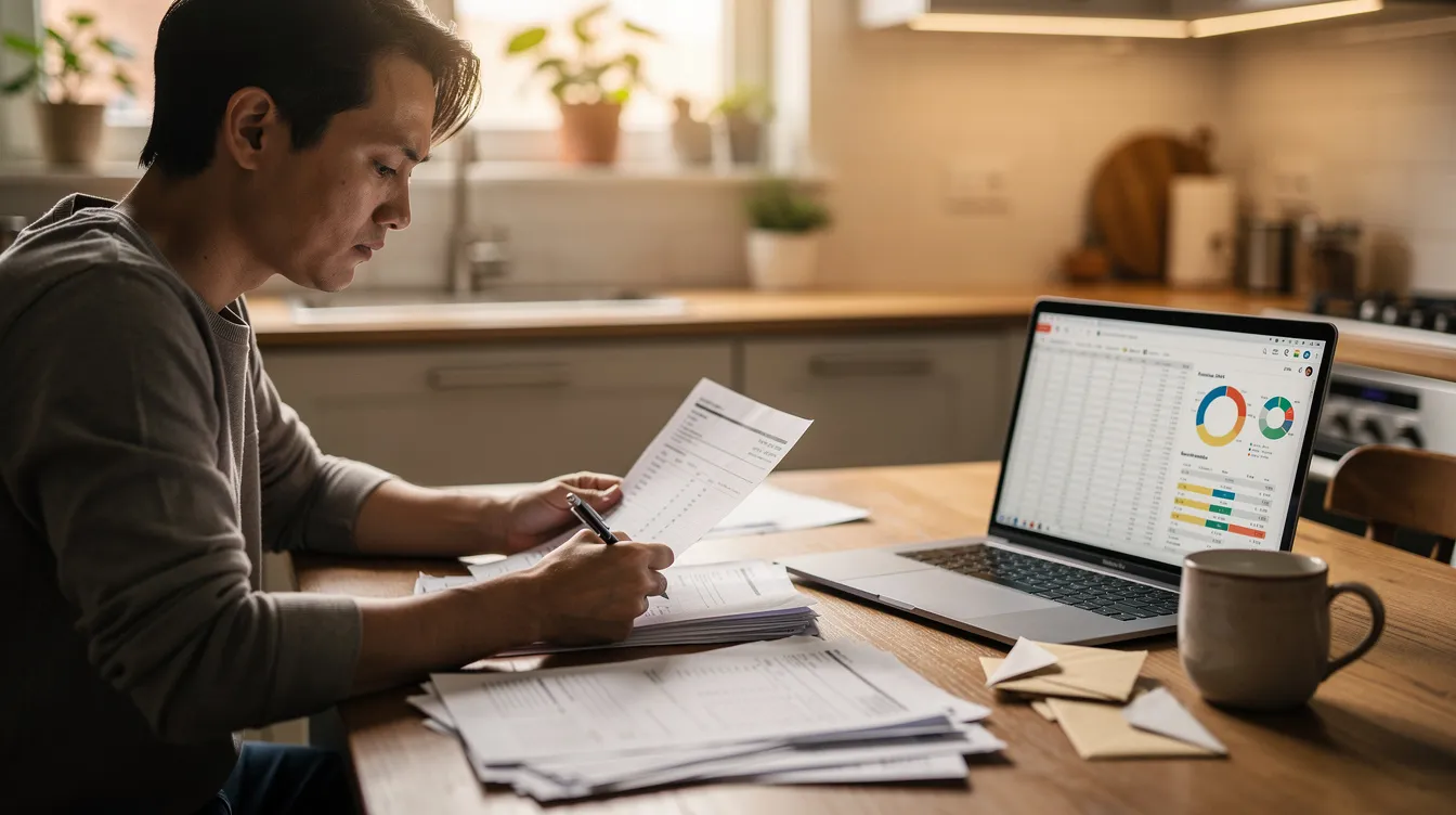 A person is seated at a kitchen table, reviewing financial paperwork with a laptop open next to them, possibly considering options for a home equity loan or line of credit. The scene suggests an analysis of monthly payments and interest rates related to their existing mortgage or potential debt consolidation.
