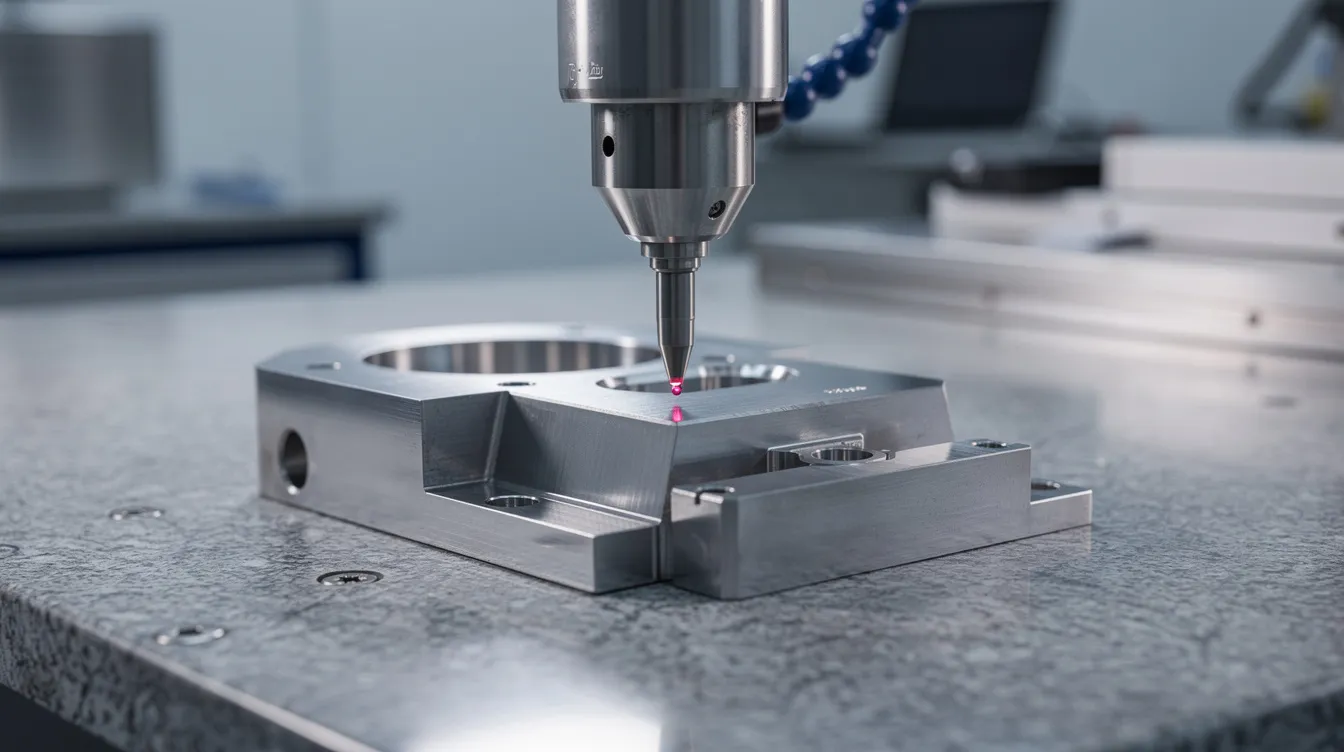 A coordinate measuring machine probe is carefully inspecting a precision metal component, ensuring it meets high quality standards and tight tolerances essential in the CNC machining process. This quality control process is crucial for producing high-quality parts, particularly in industries like aerospace where exact specifications are critical.