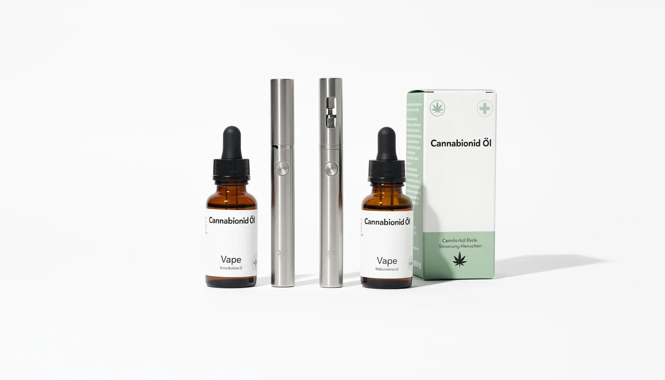 Das Bild zeigt moderne Cannabinoid-Produkte wie Vapes und Ölfläschchen, die auf einem minimalistischen weißen Hintergrund angeordnet sind. Diese Produkte sind Teil der wachsenden Beliebtheit von Cannabis und bieten verschiedene Konsumformen, einschließlich der Herstellung von Cannabis edibles wie Haschkeksen und Brownies.