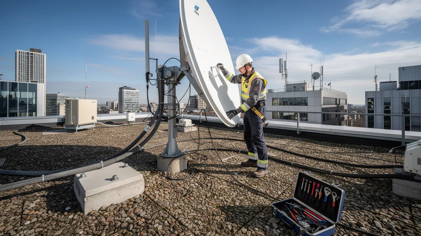 A technician in work gear is carefully adjusting a satellite dish on a rooftop, ensuring optimal performance for a reliable DSTV installation. This professional DSTV installer in Stellenbosch is focused on providing excellent service for uninterrupted viewing.