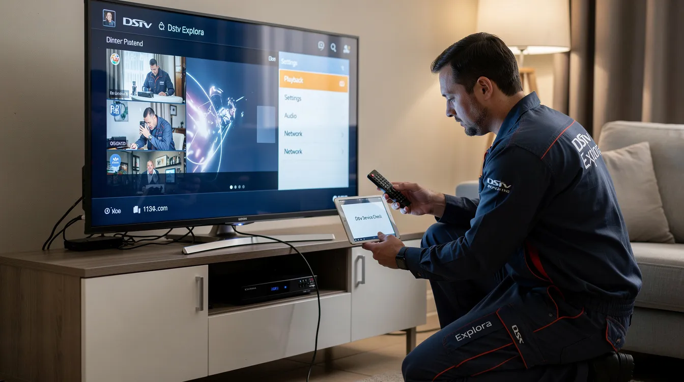 A technician is troubleshooting a DStv Explora decoder, examining the playback and settings screen to resolve signal issues and ensure optimal performance. The scene showcases the technician's expertise in providing reliable DStv repair services and addressing common decoder problems.