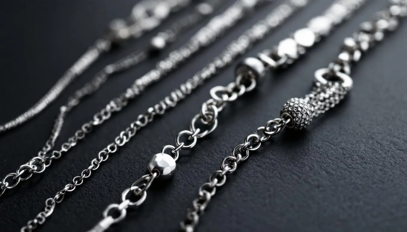 A close-up view showcases a beautiful collection of elegant sterling silver bracelets, featuring various intricate chain styles and finishes. These classic silver bracelets are perfect for women looking to enhance their outfits or find a thoughtful gift for a loved one.