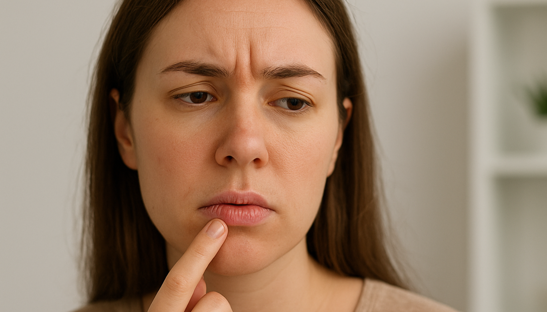 Nærbilde av ung kvinne med bekymret uttrykk som peker på leppen, symboliserer herpesvirus som mange har men få snakker om.