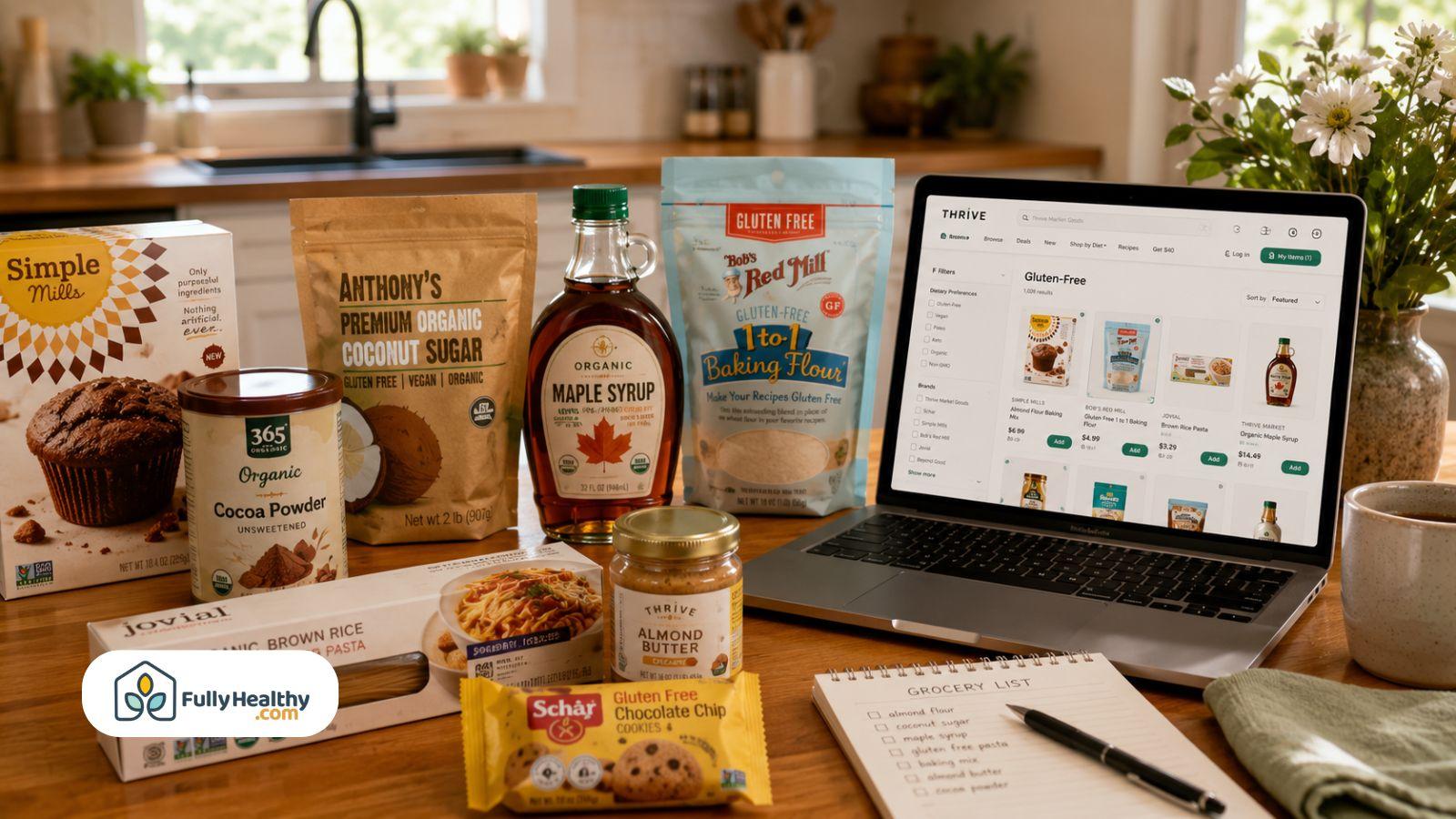 Specialty diet groceries beside laptop displaying online shopping for healthy pantry items