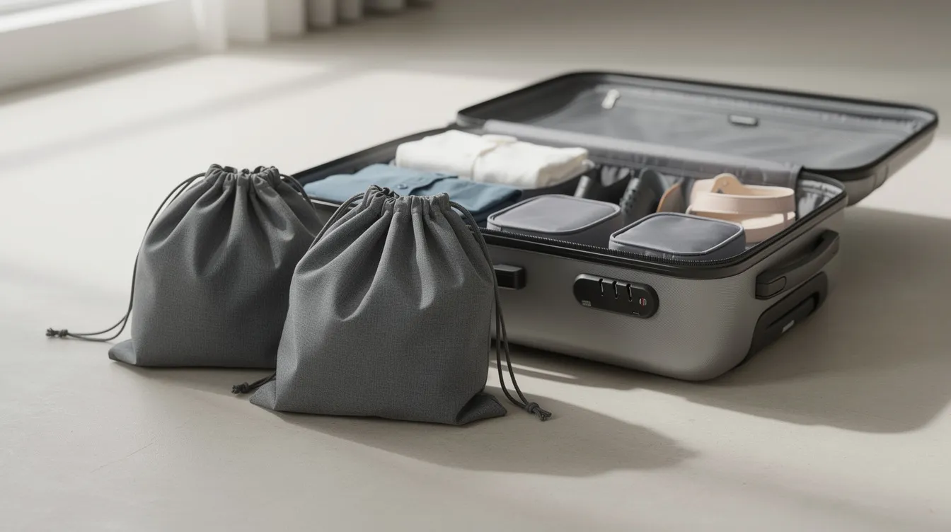 The image shows two pairs of shoes neatly tucked into individual drawstring bags, positioned next to an open suitcase, suggesting an organized way to pack dirty laundry while traveling. This setup is ideal for keeping clean clothes separate from dirty stuff during a trip.