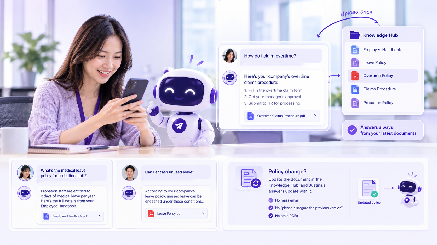 Small businesses and enterprise HR teams can use searchable HR policies, knowledge management, employee information, and clear guidance to support compliance and employee wellbeing.
