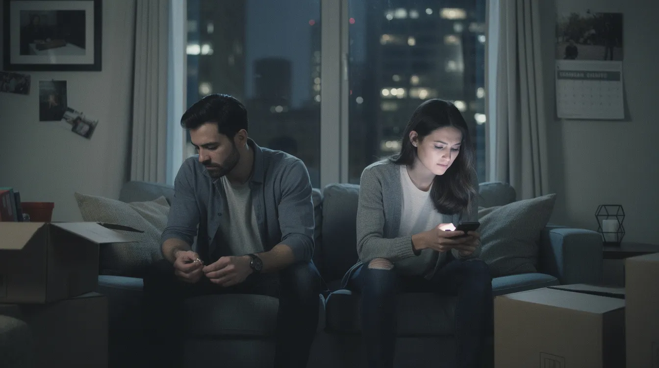 The image depicts a couple sitting together in a cozy setting, appearing engaged in an honest conversation about their commitment issues in relationships. Their expressions reflect a mix of vulnerability and determination as they navigate their emotional connection and discuss their future plans, highlighting the challenges of overcoming commitment fears and finding the right person for a stable relationship.