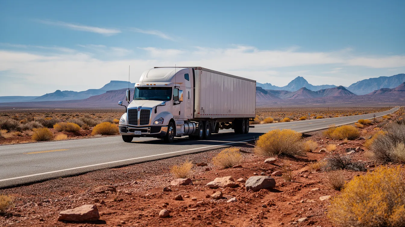 A large semi-truck is driving along a highway in the New Mexico desert, with rugged mountains visible in the background. This scene highlights the vast landscape where truck accidents can occur, emphasizing the importance of having an experienced Albuquerque truck accident lawyer for those affected by such incidents.
