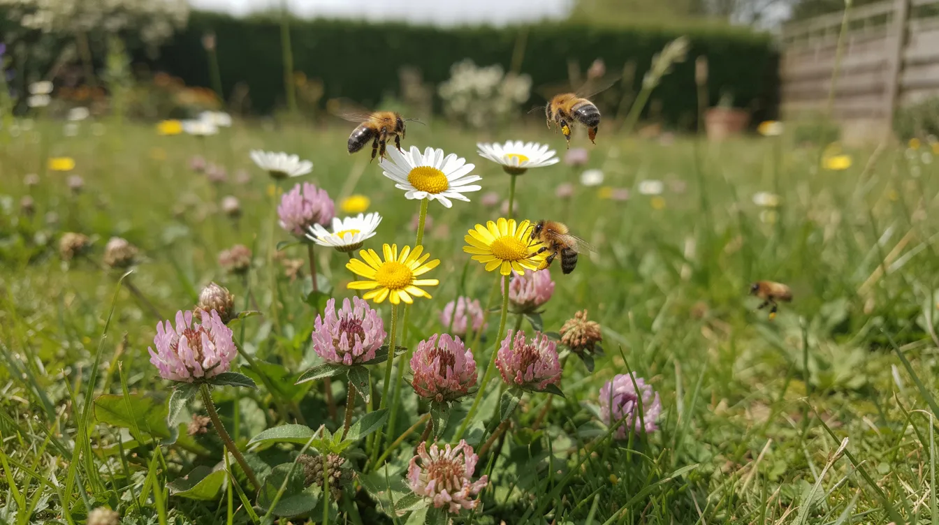 A vibrant display of wildflowers, including daisies and clover, blooms in an unmown section of a UK garden lawn, attracting bees in the early morning light. The long grass and flower-rich lawn create a healthy habitat, showcasing the beauty of nature before the lawn mower starts its work.