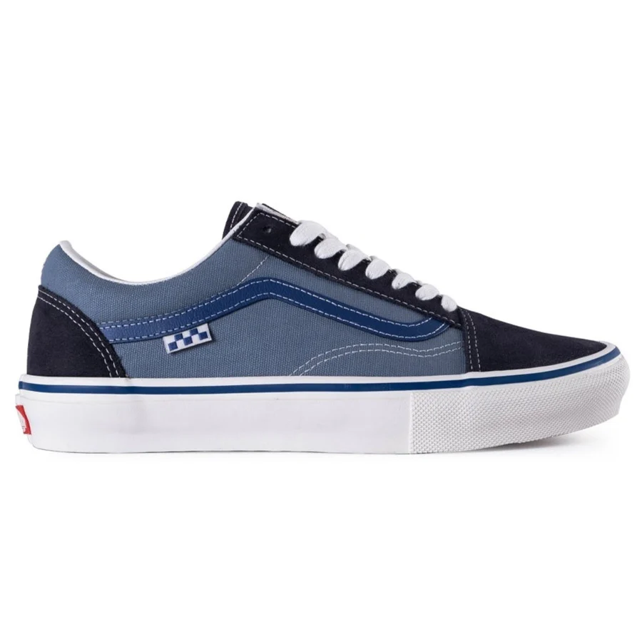 Vans Old Skool Navy and Blue low-top sneaker with suede and canvas upper, white laces, and signature waffle sole.